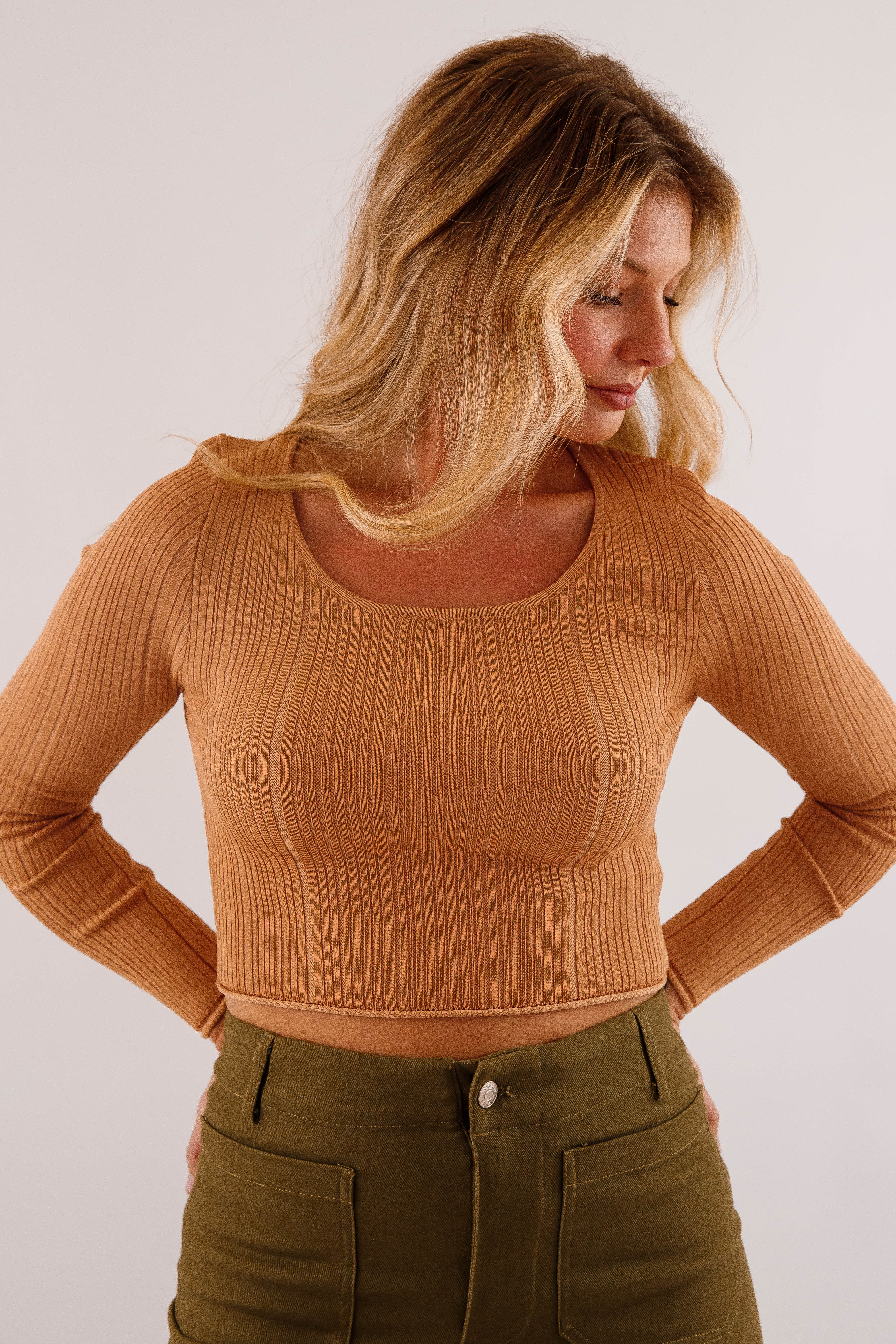 Sweet Sentiments Ribbed Top-Camel