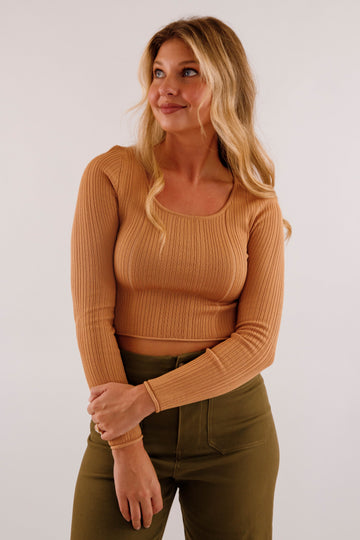 Sweet Sentiments Ribbed Top-Camel