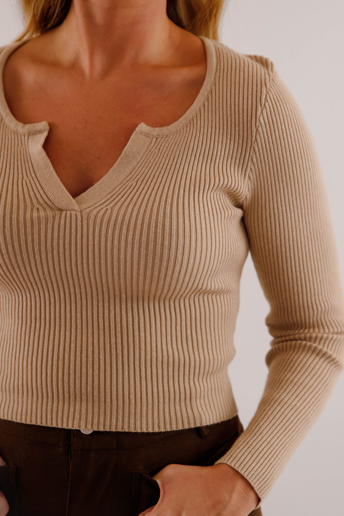 Opening Up Ribbed Top-Taupe