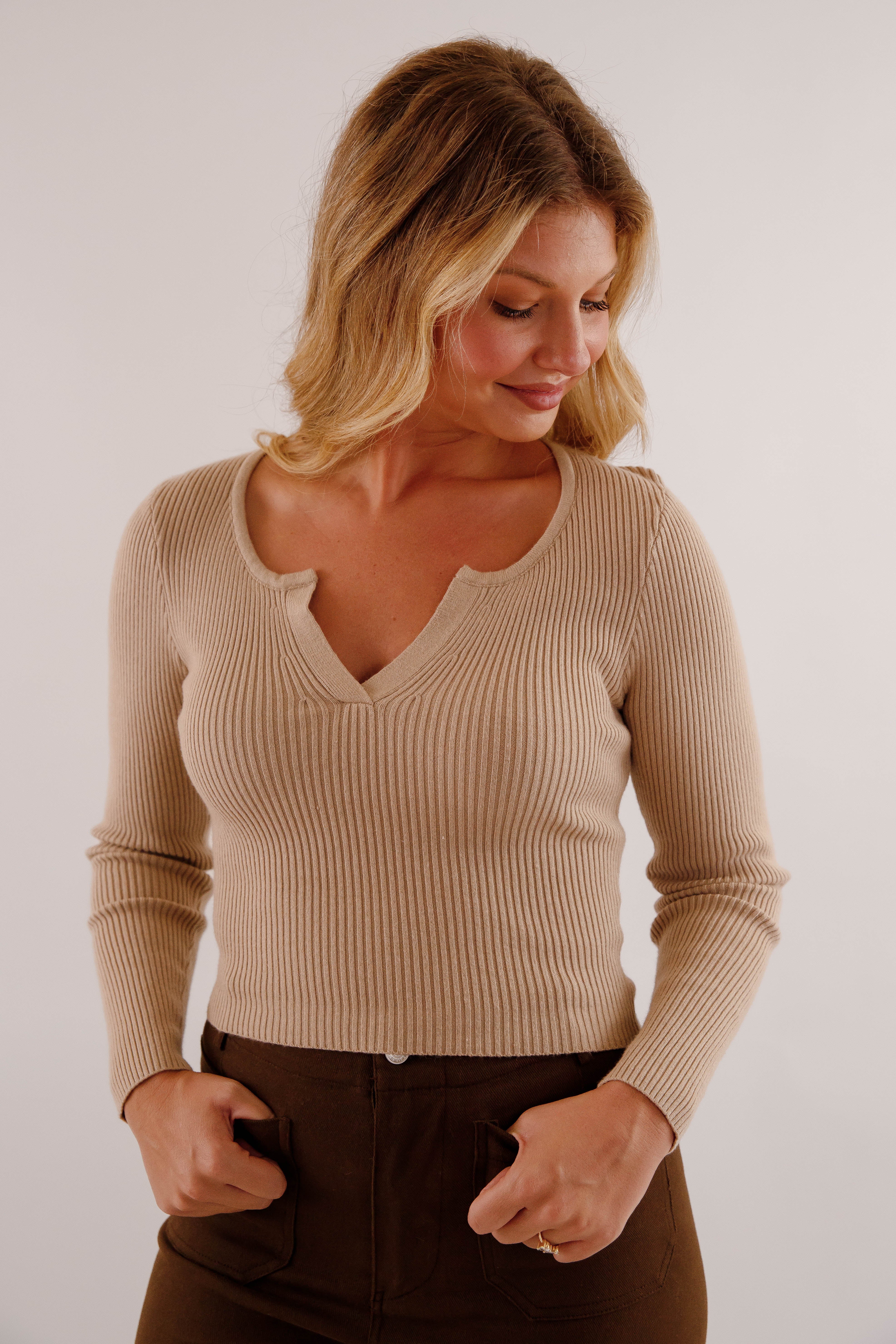 Opening Up Ribbed Top-Taupe