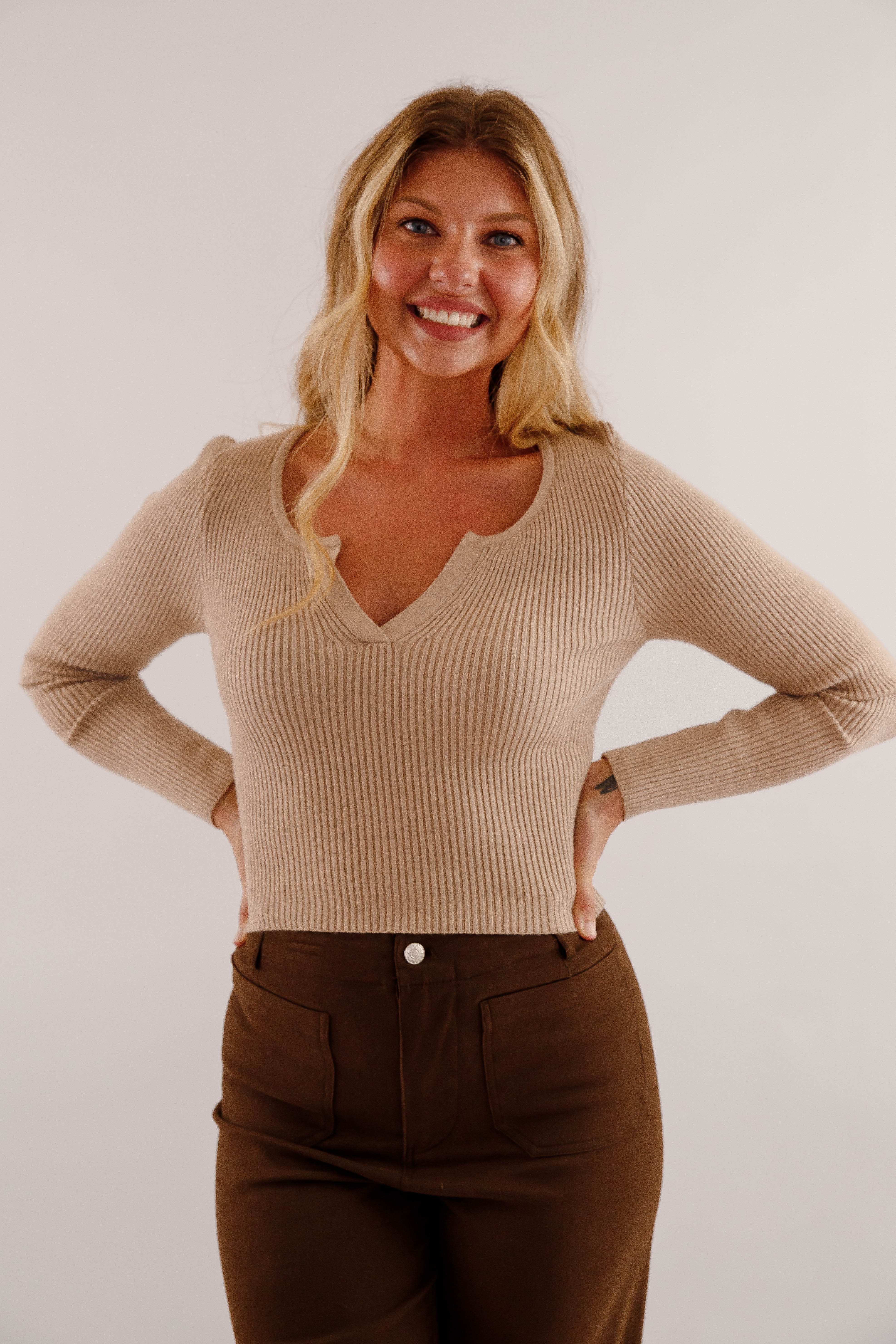 Opening Up Ribbed Top-Taupe