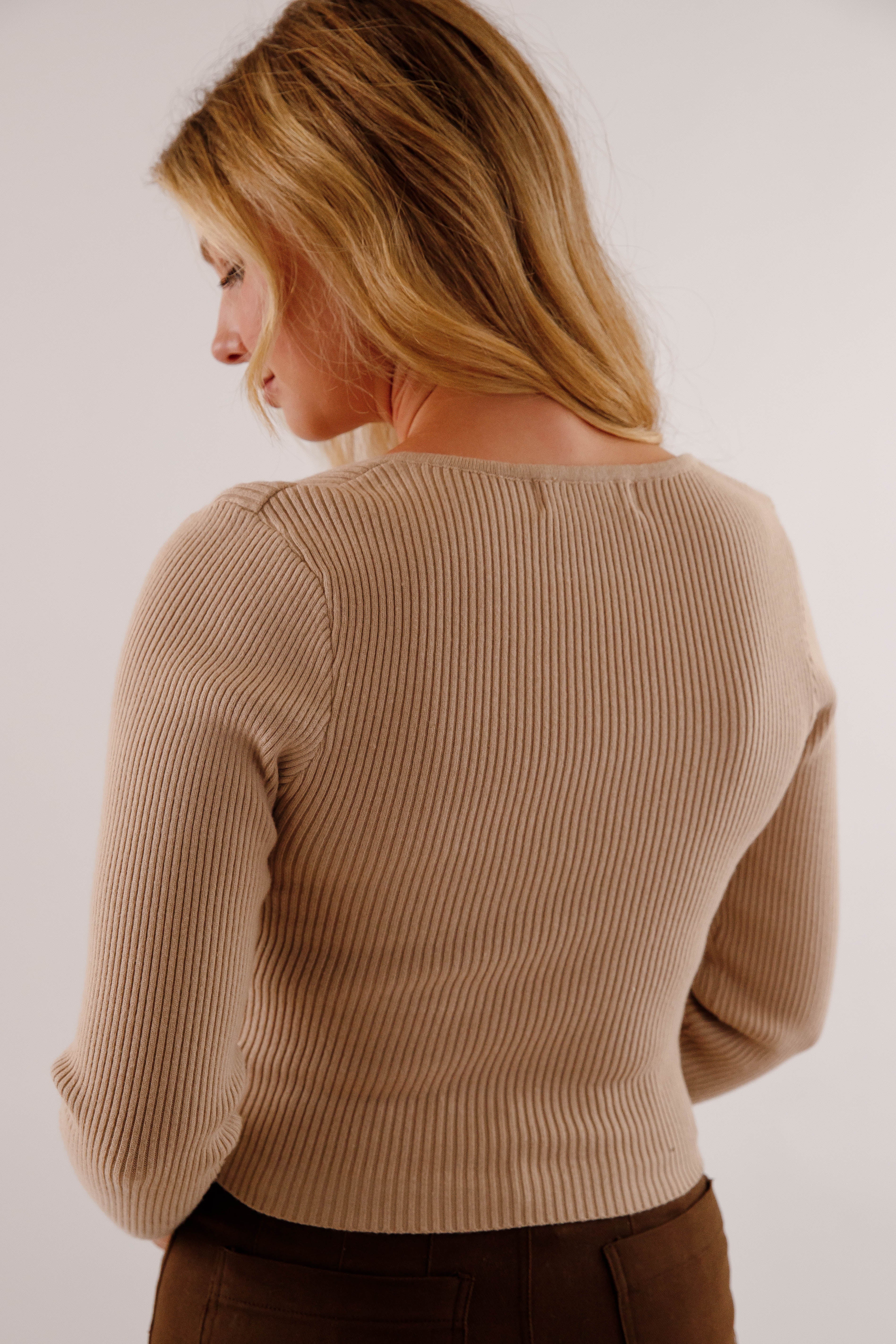 Opening Up Ribbed Top-Taupe