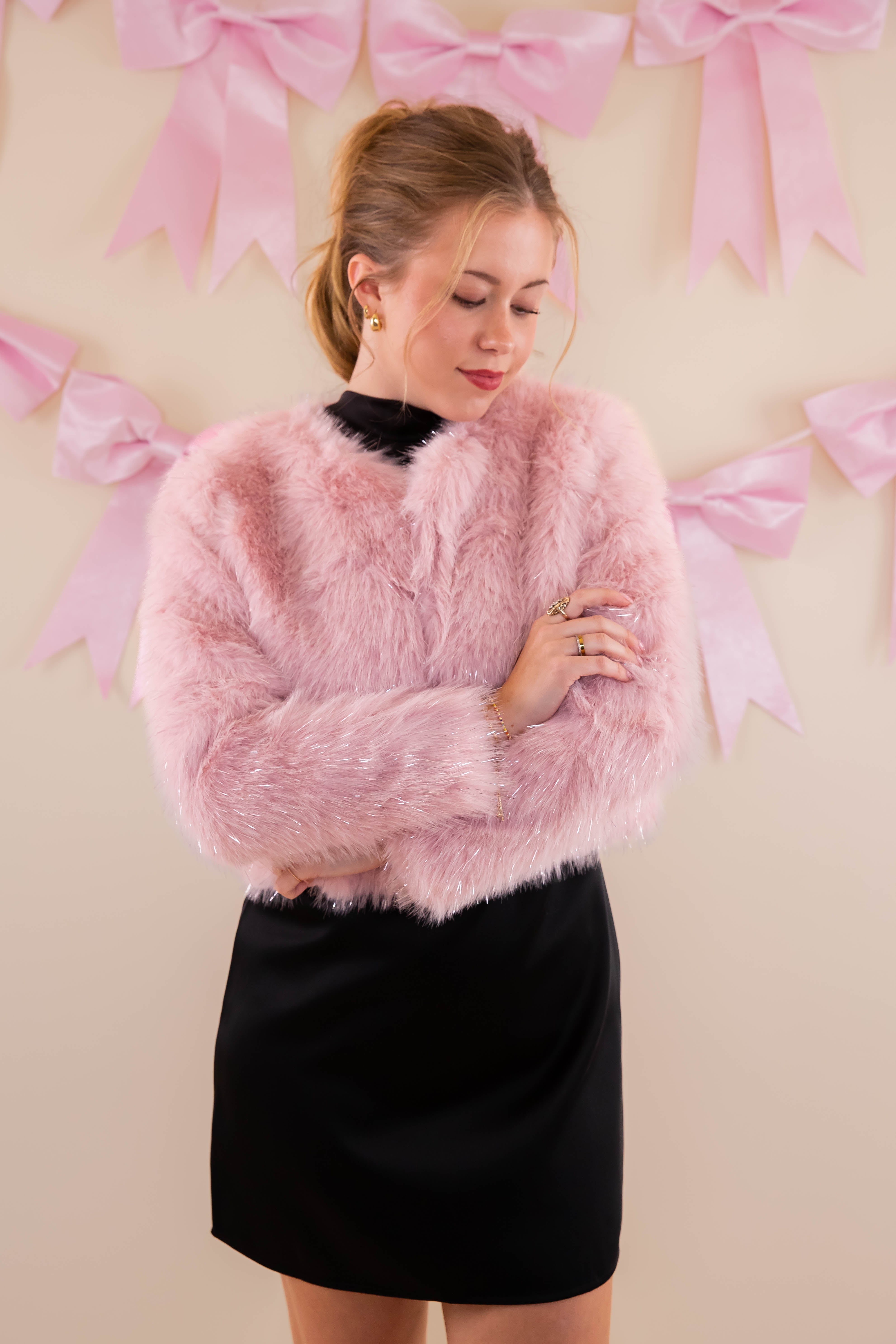 Granting Wishes Tinsel Fur Jacket-Blush