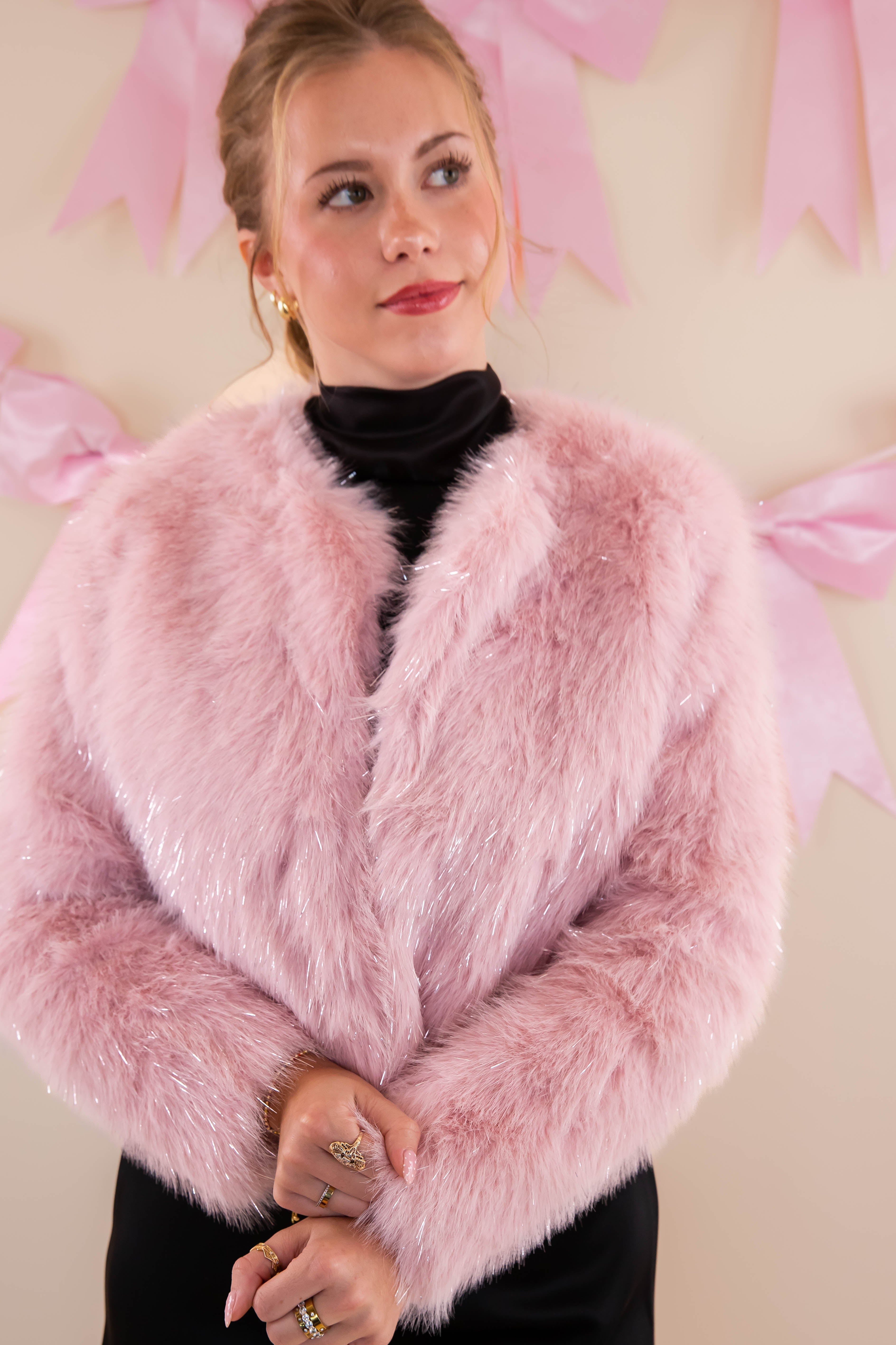 Granting Wishes Tinsel Fur Jacket-Blush