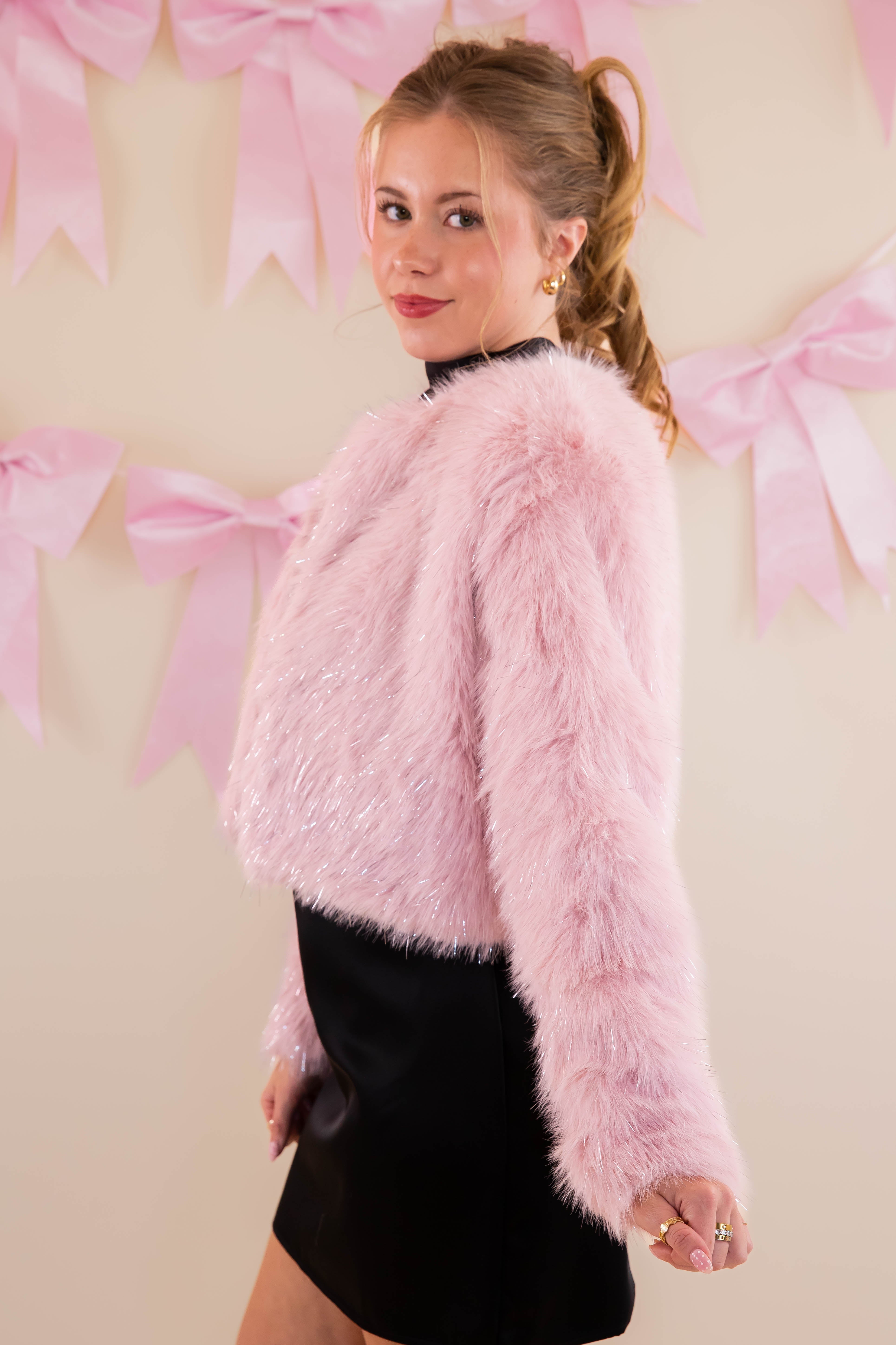 Granting Wishes Tinsel Fur Jacket-Blush