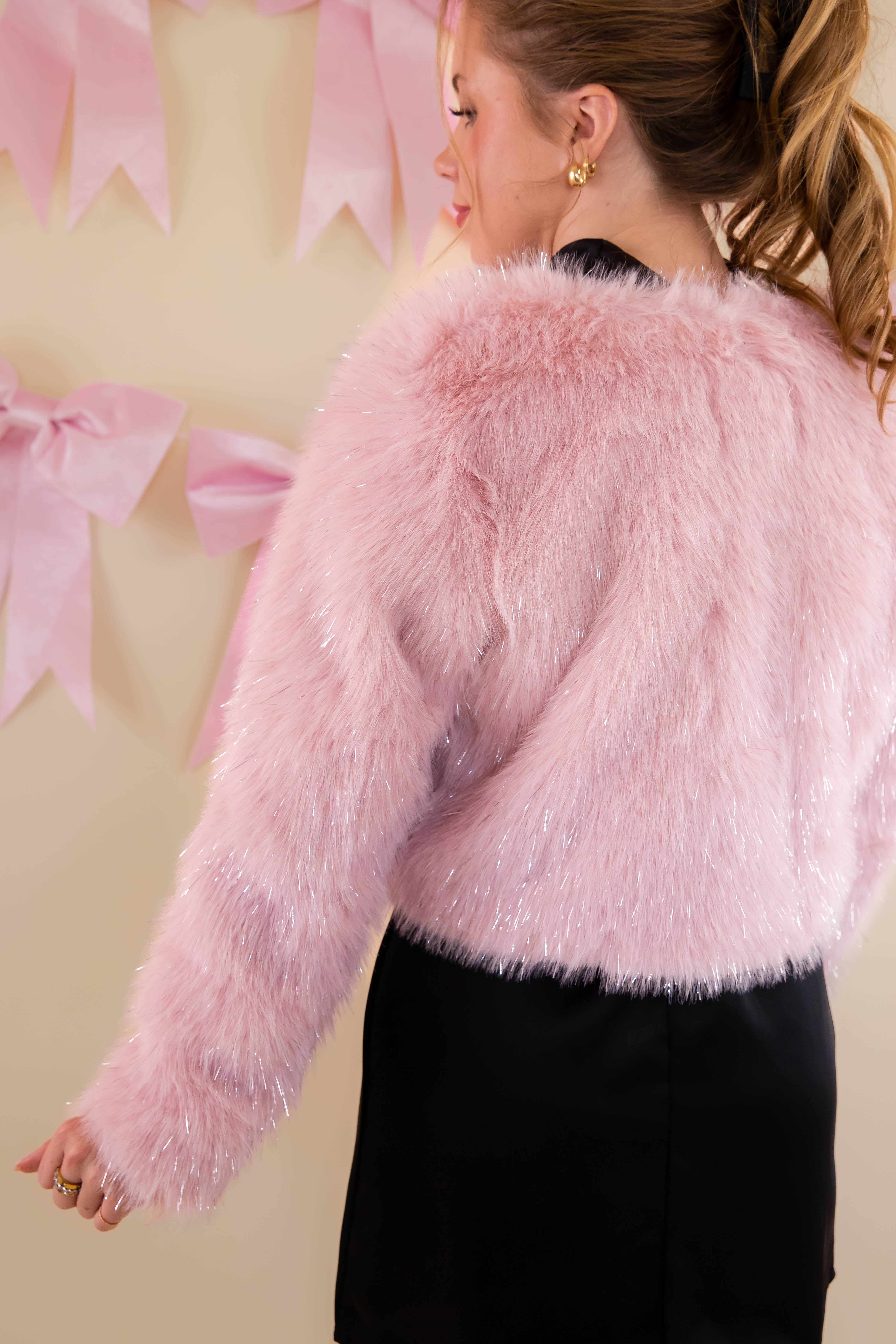 Granting Wishes Tinsel Fur Jacket-Blush