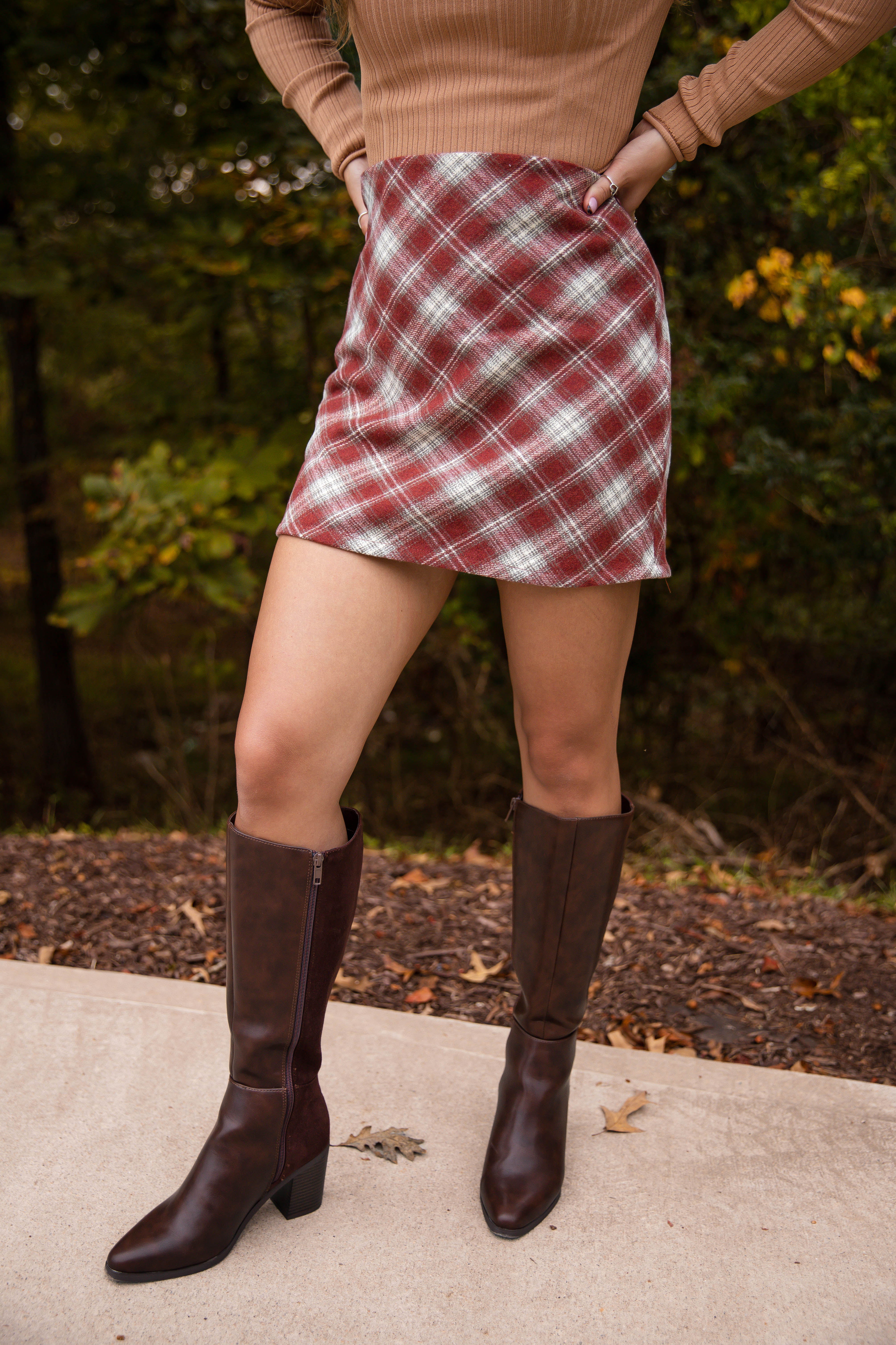 Meet Me At The Steps Skirt-Maroon Plaid