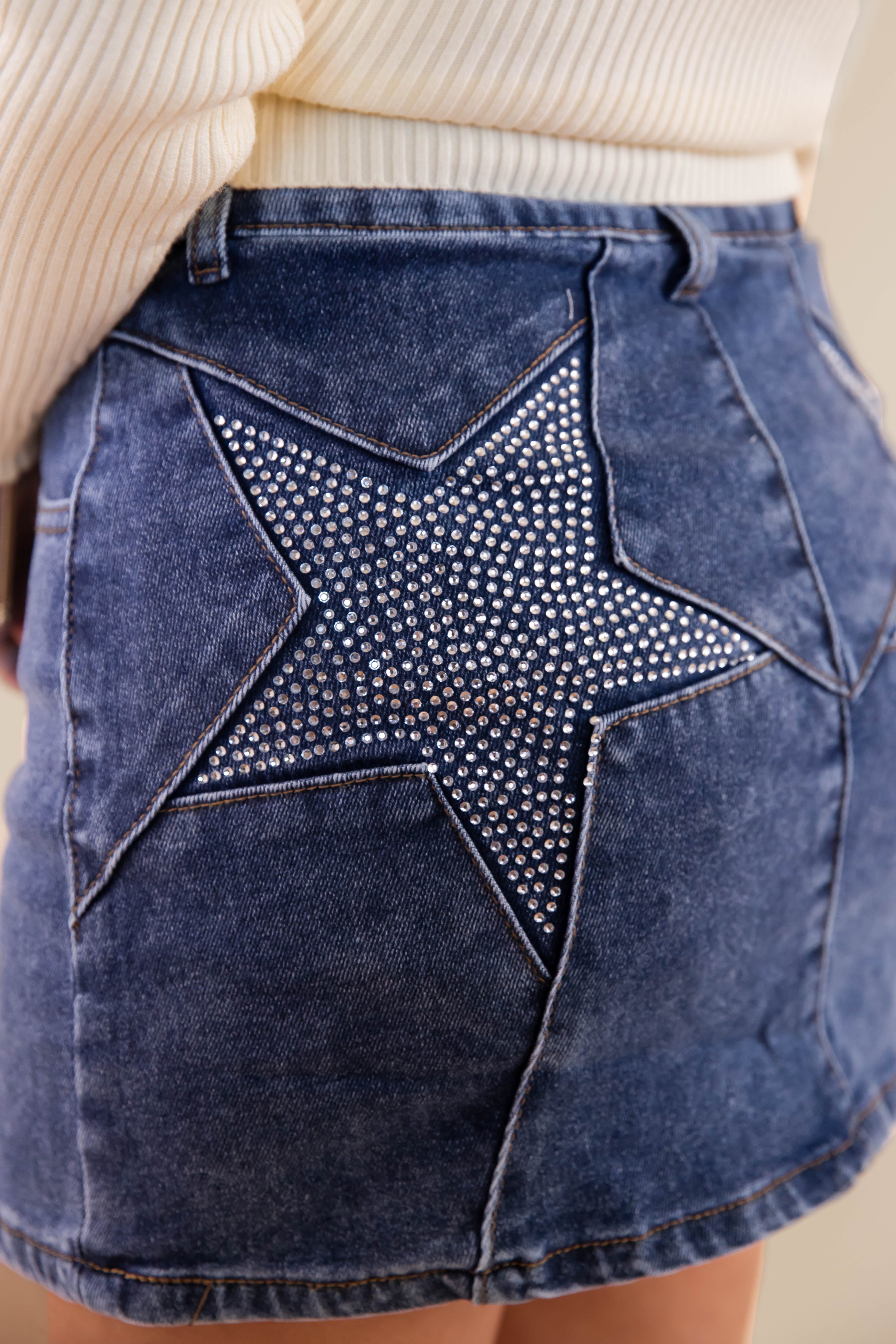 RESTOCK: Nobody Better Denim Rhinestone Mini Skirt
