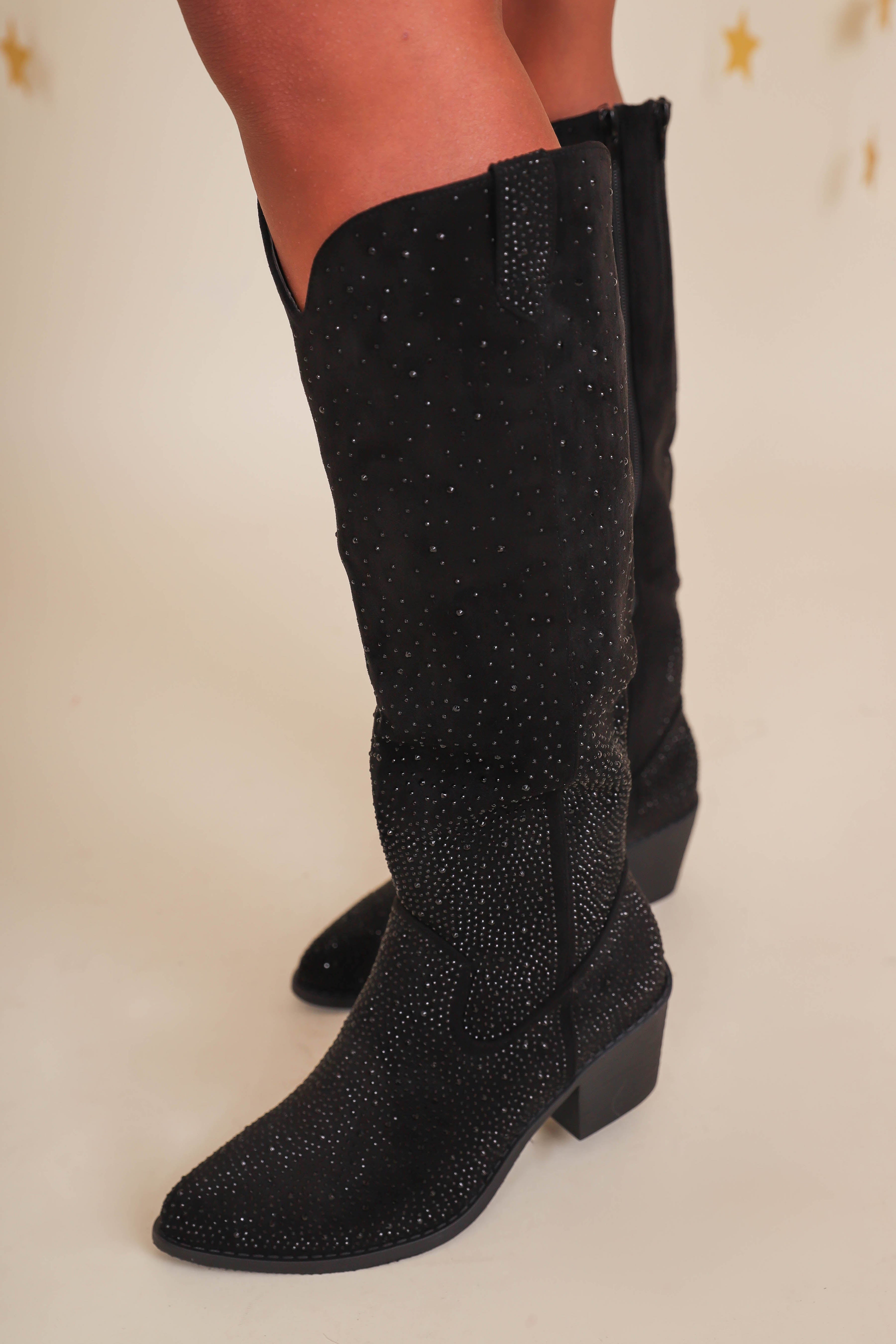 Dolly Rhinestone Western Boots-Black