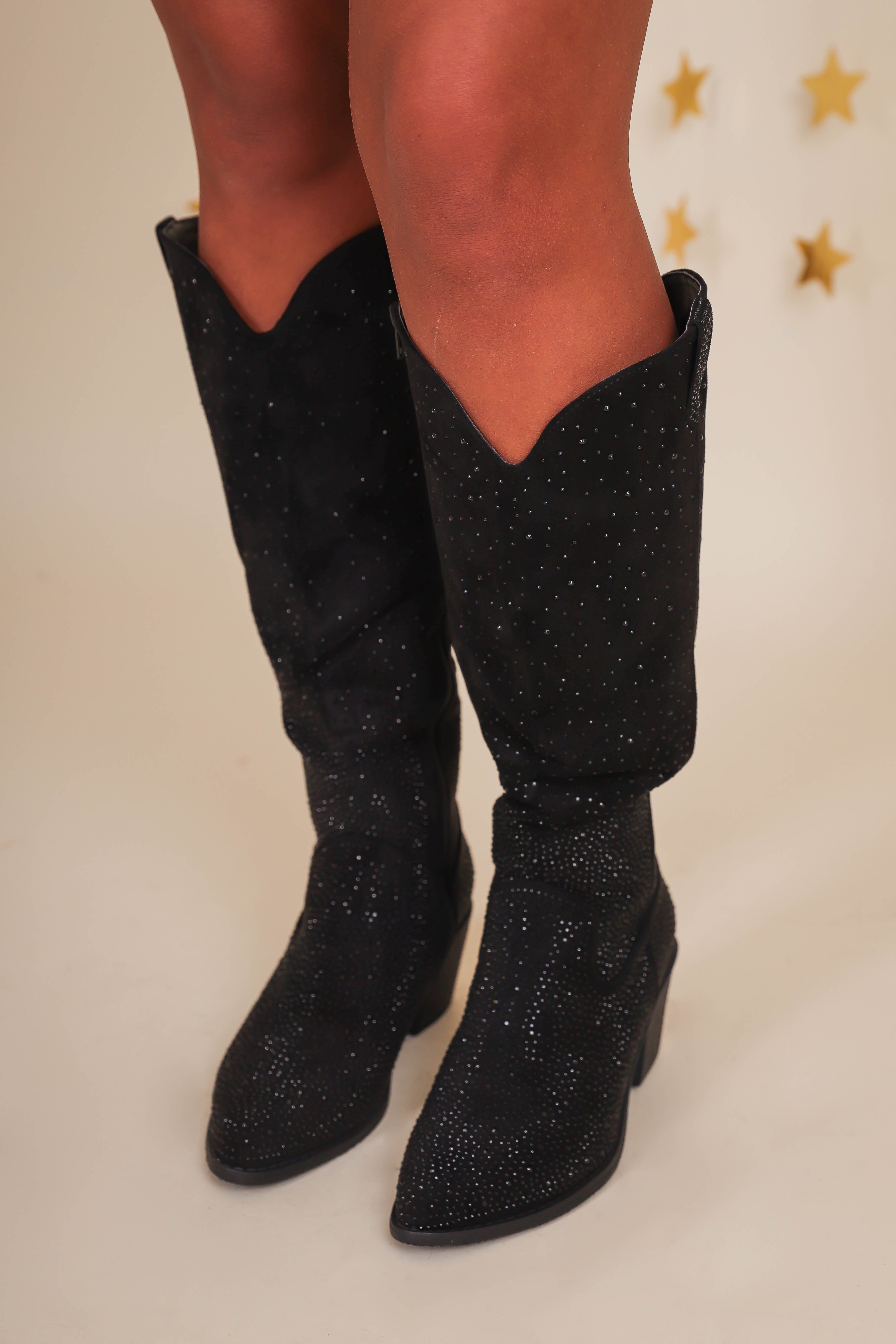 Dolly Rhinestone Western Boots-Black