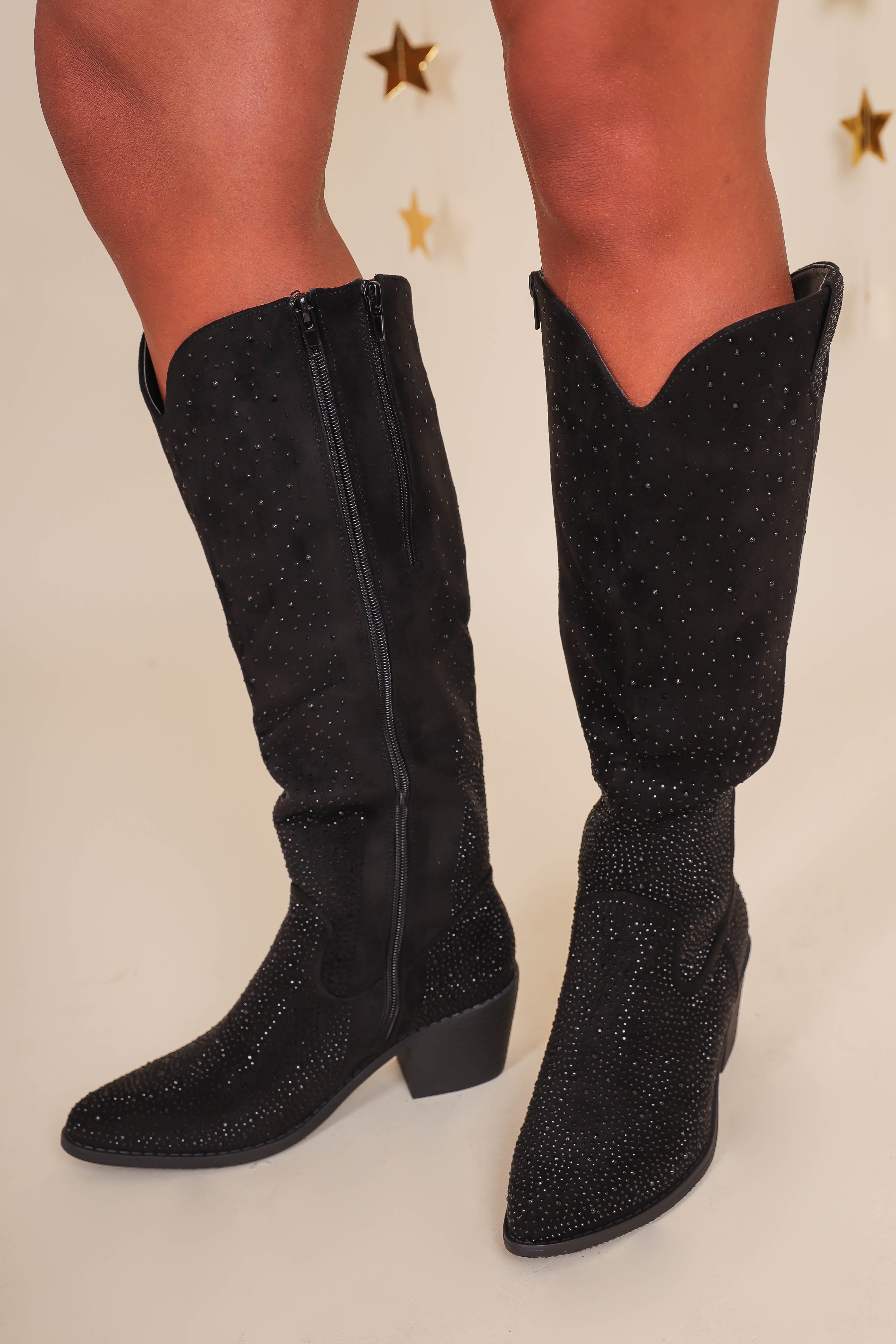 Dolly Rhinestone Western Boots-Black