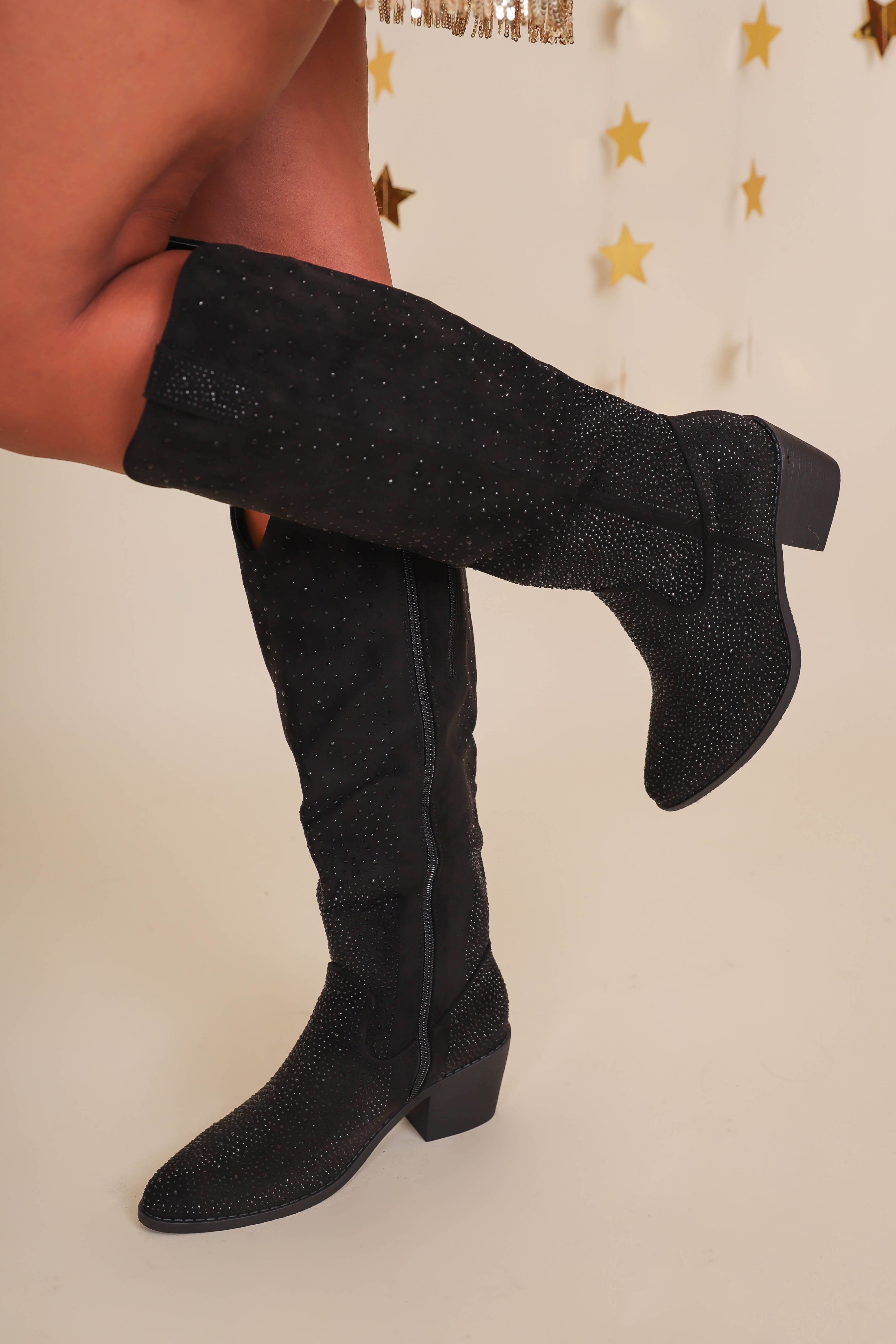 Dolly Rhinestone Western Boots-Black