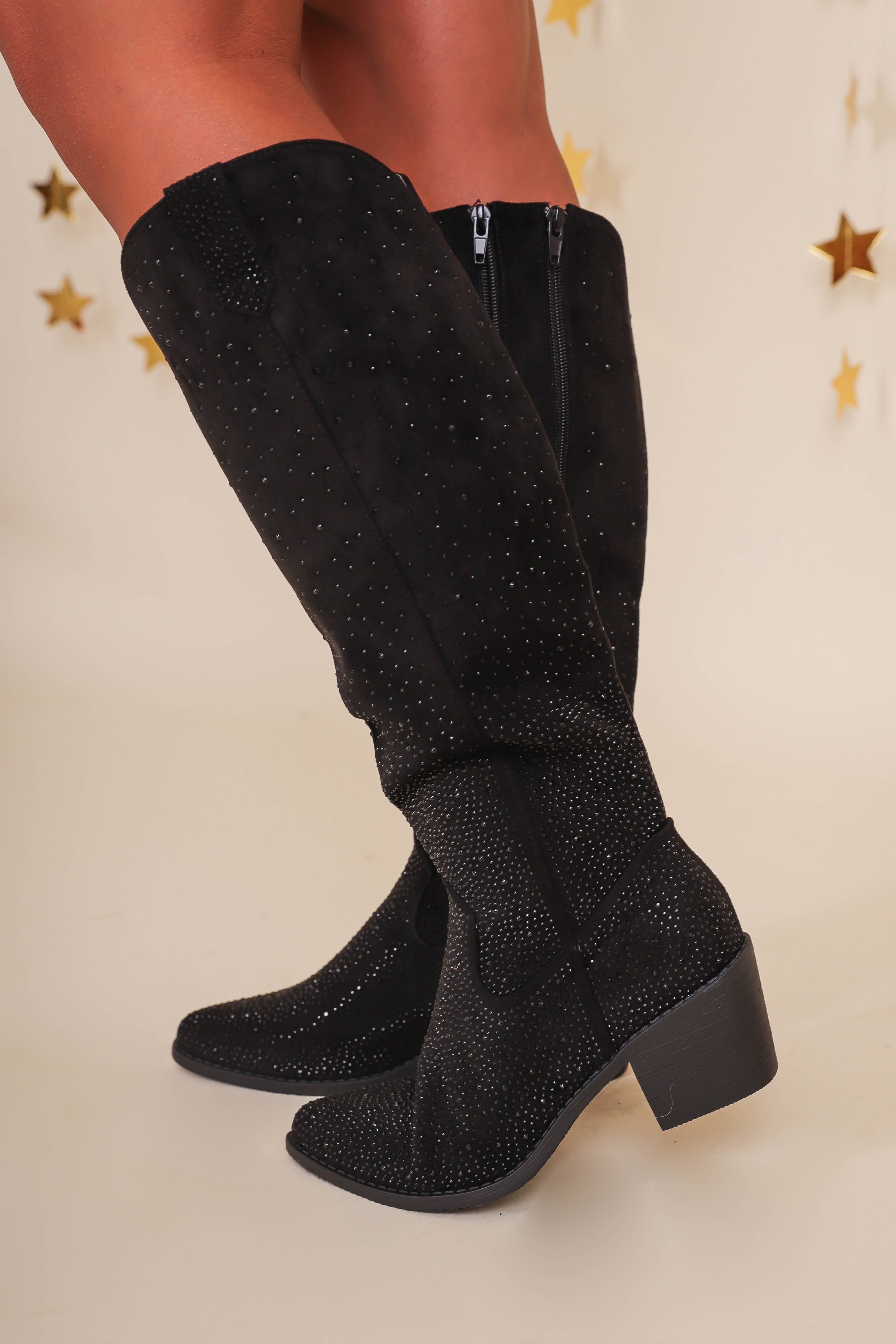Dolly Rhinestone Western Boots-Black