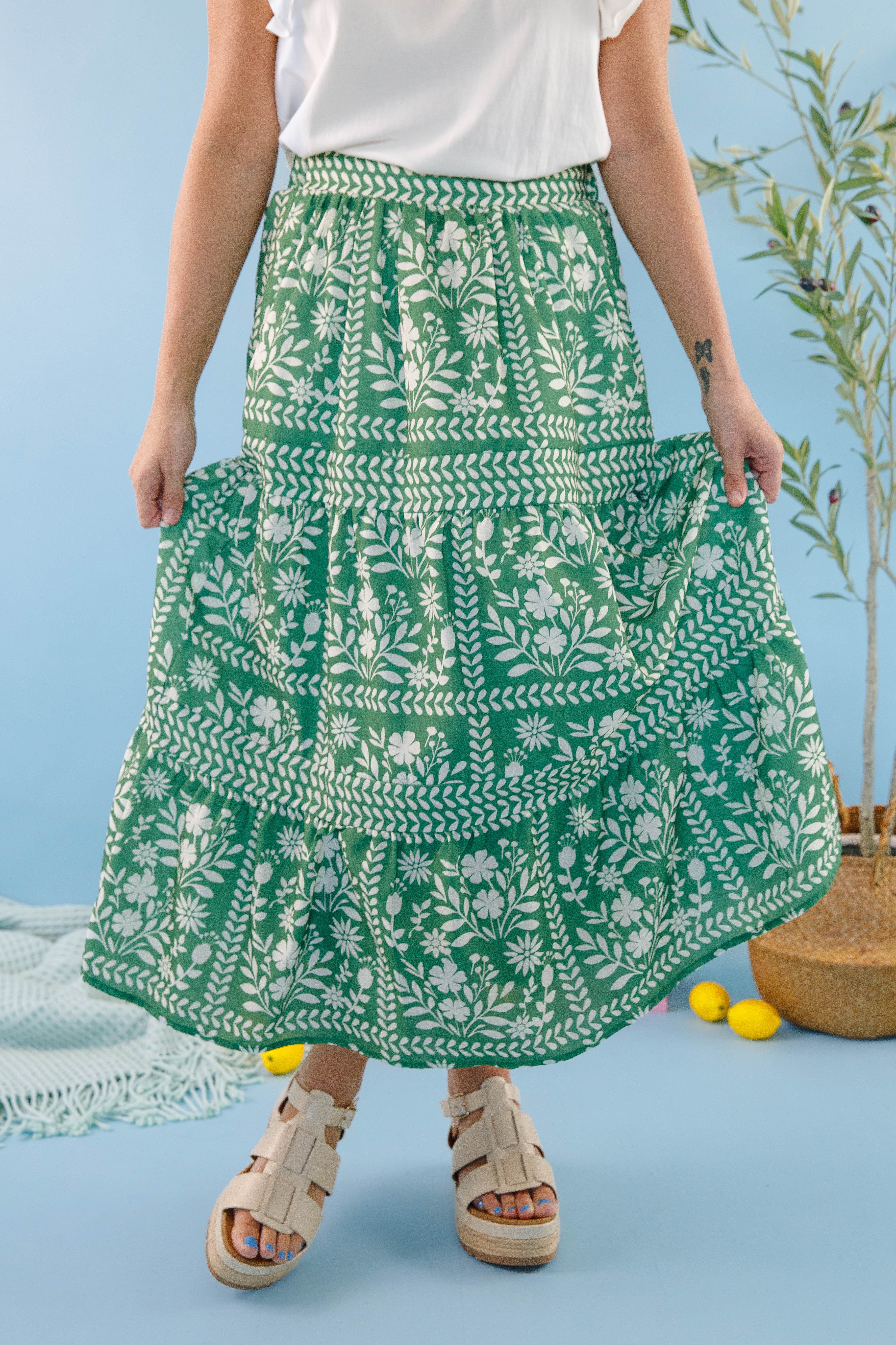 Lots Of Happiness Midi Skirt-Green