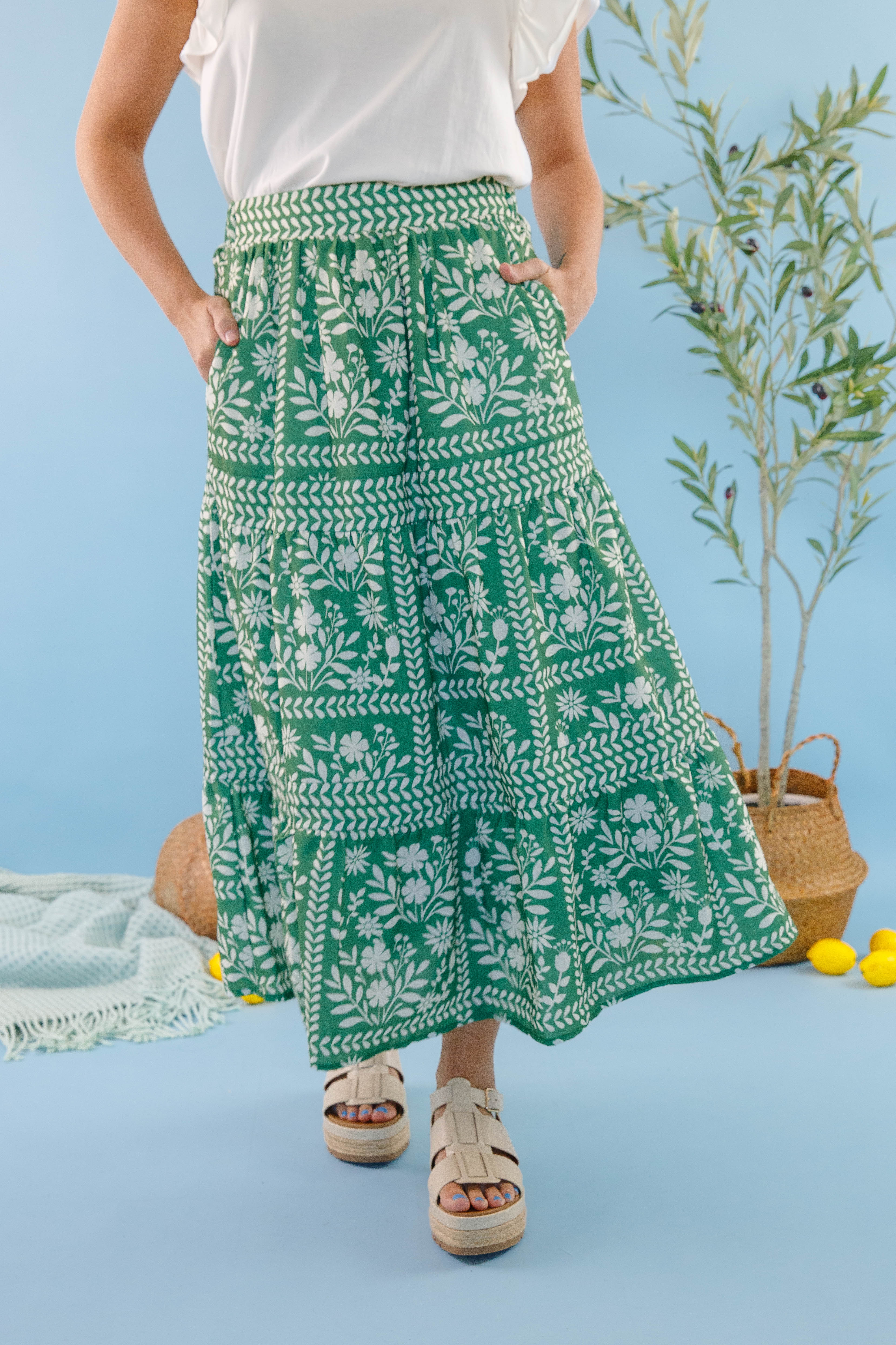 Lots Of Happiness Midi Skirt-Green