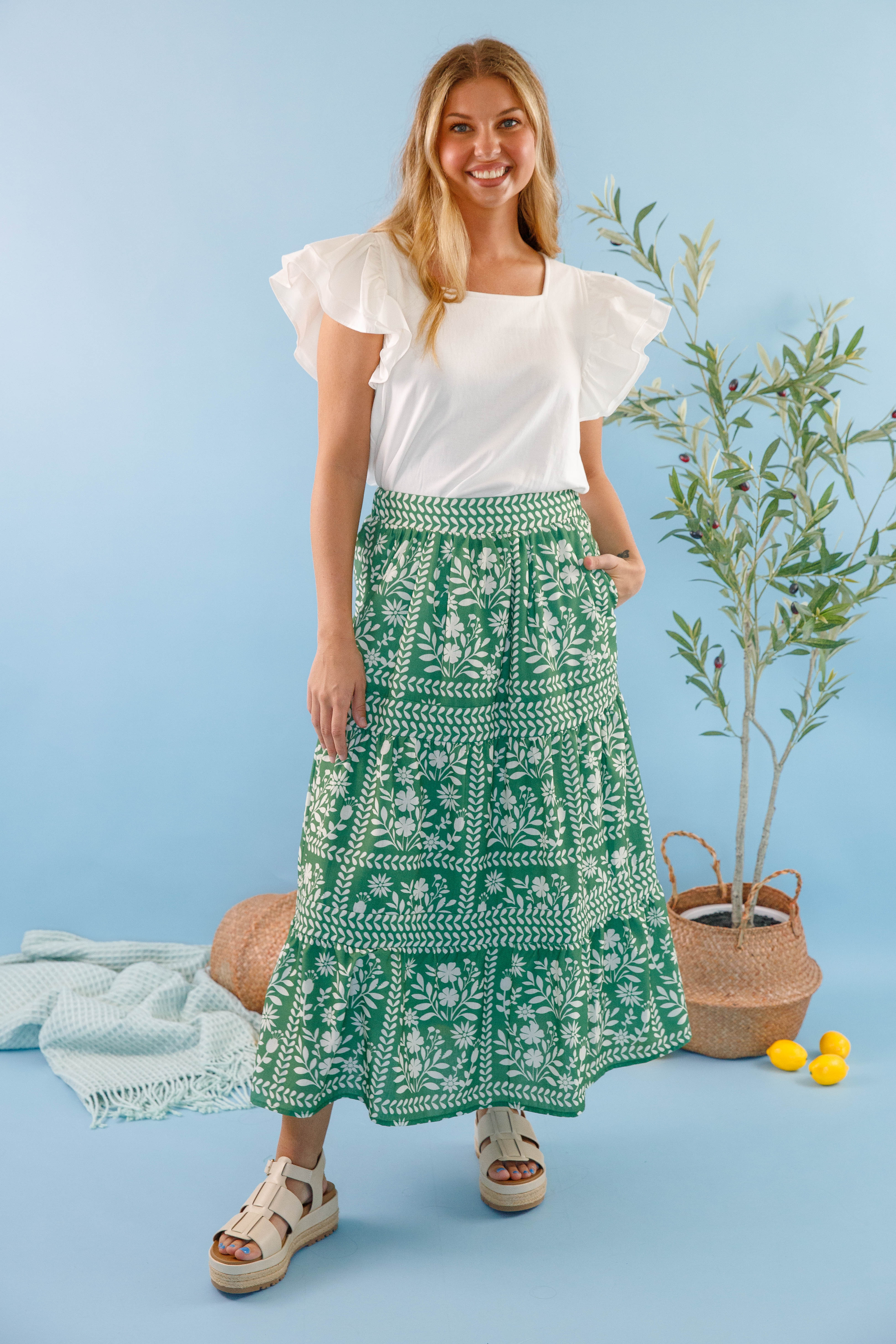 Lots Of Happiness Midi Skirt-Green