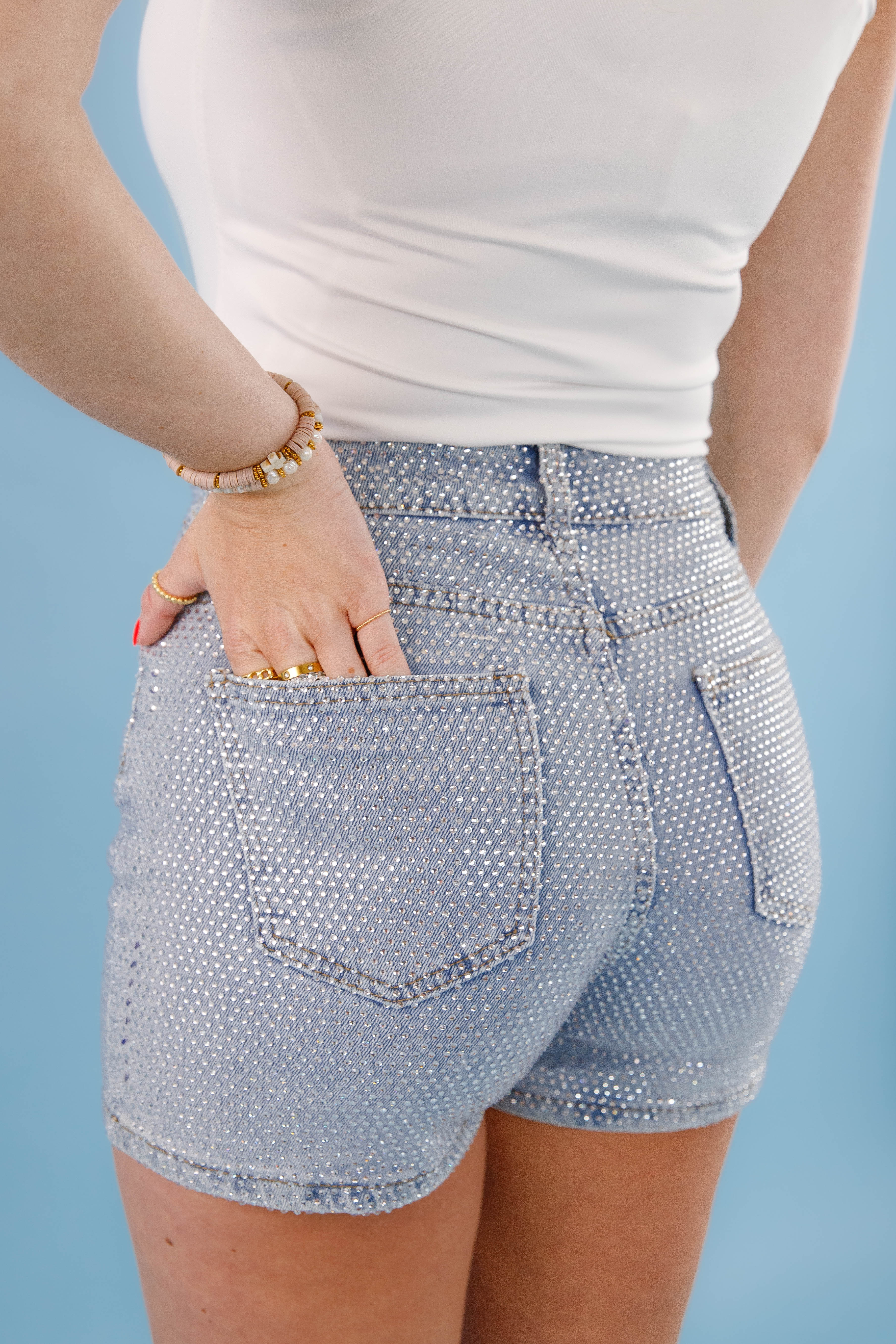 Once In A Lifetime Rhinestone Shorts-Denim