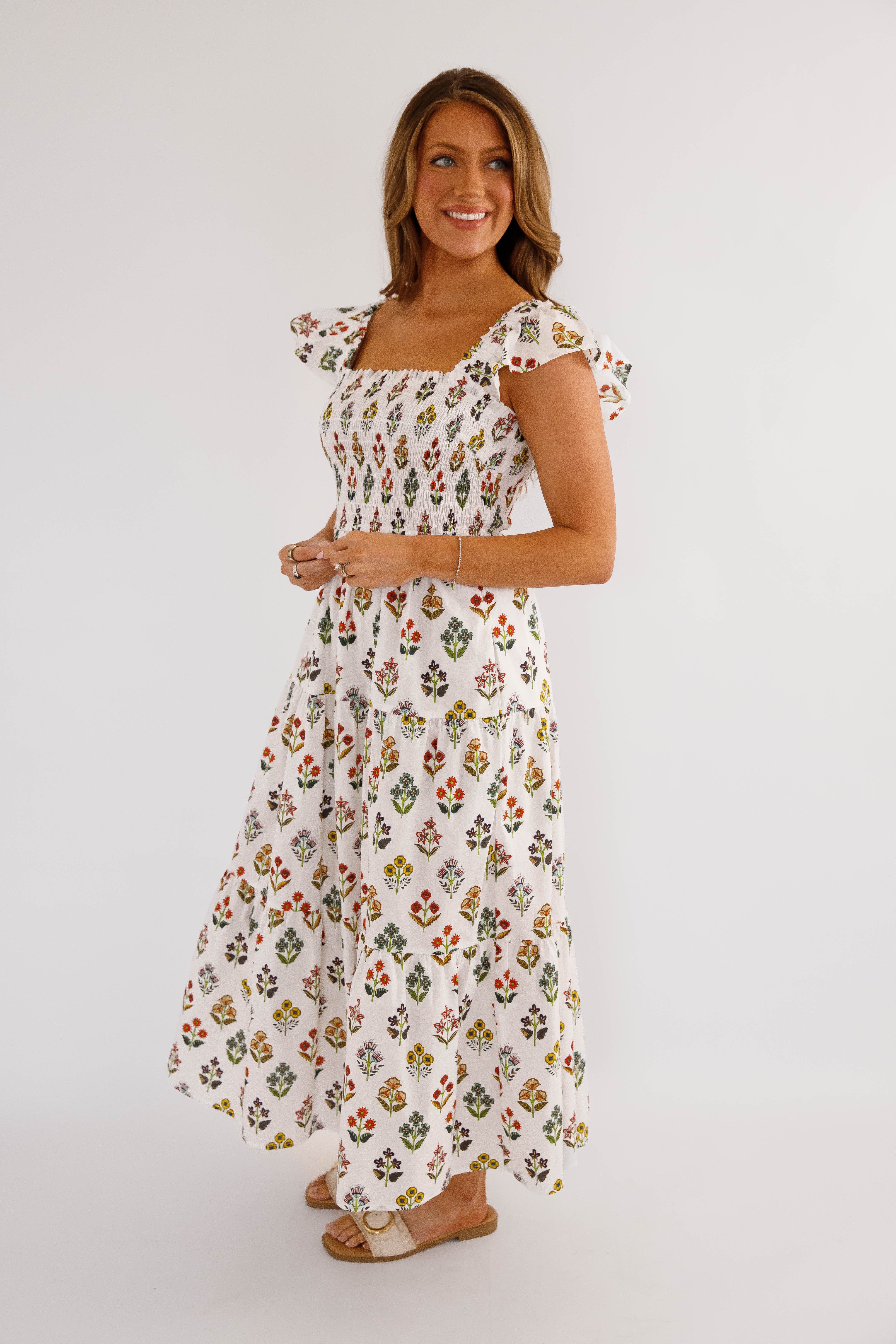 Invited To Bloom Midi Dress-White