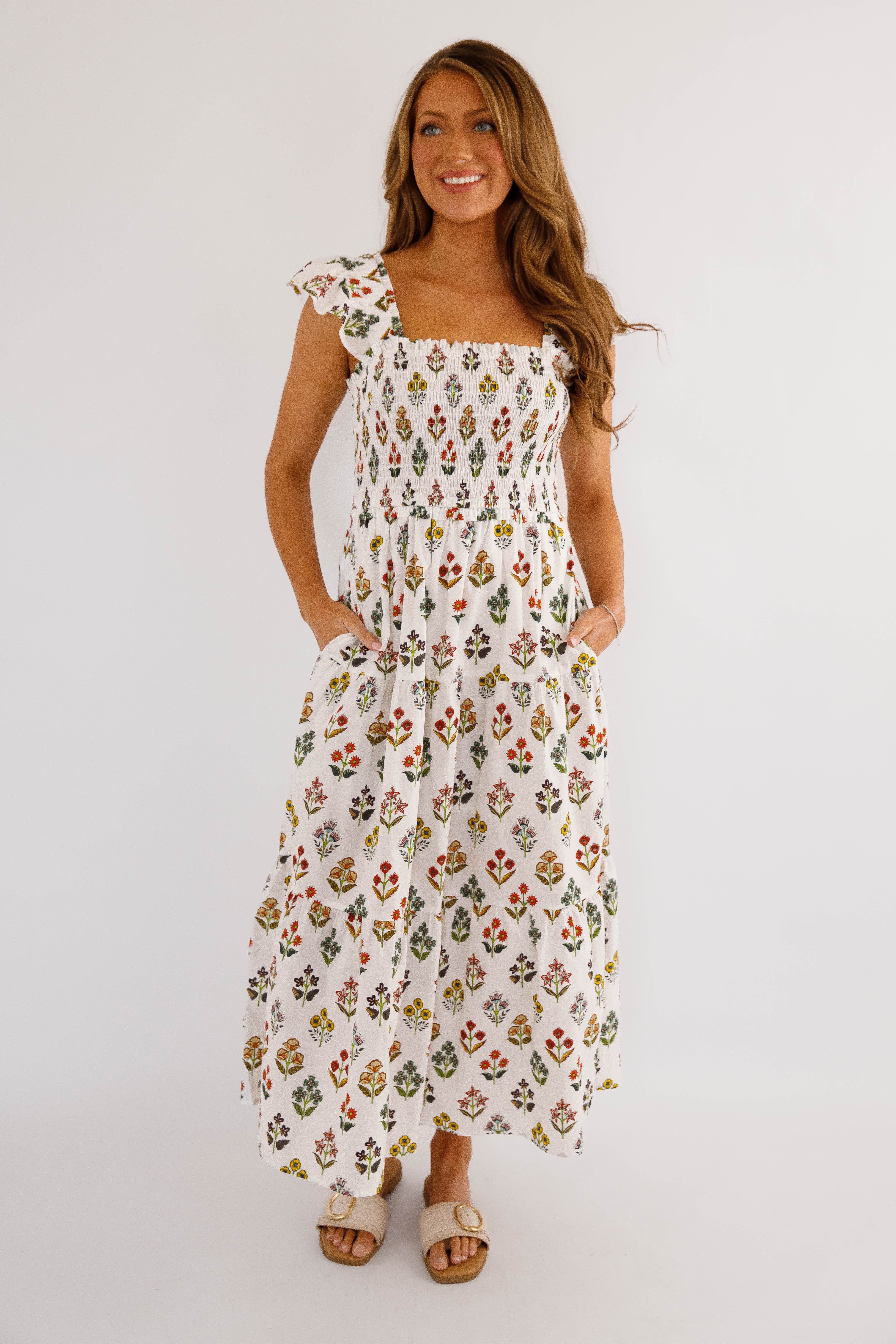 Invited To Bloom Midi Dress-White