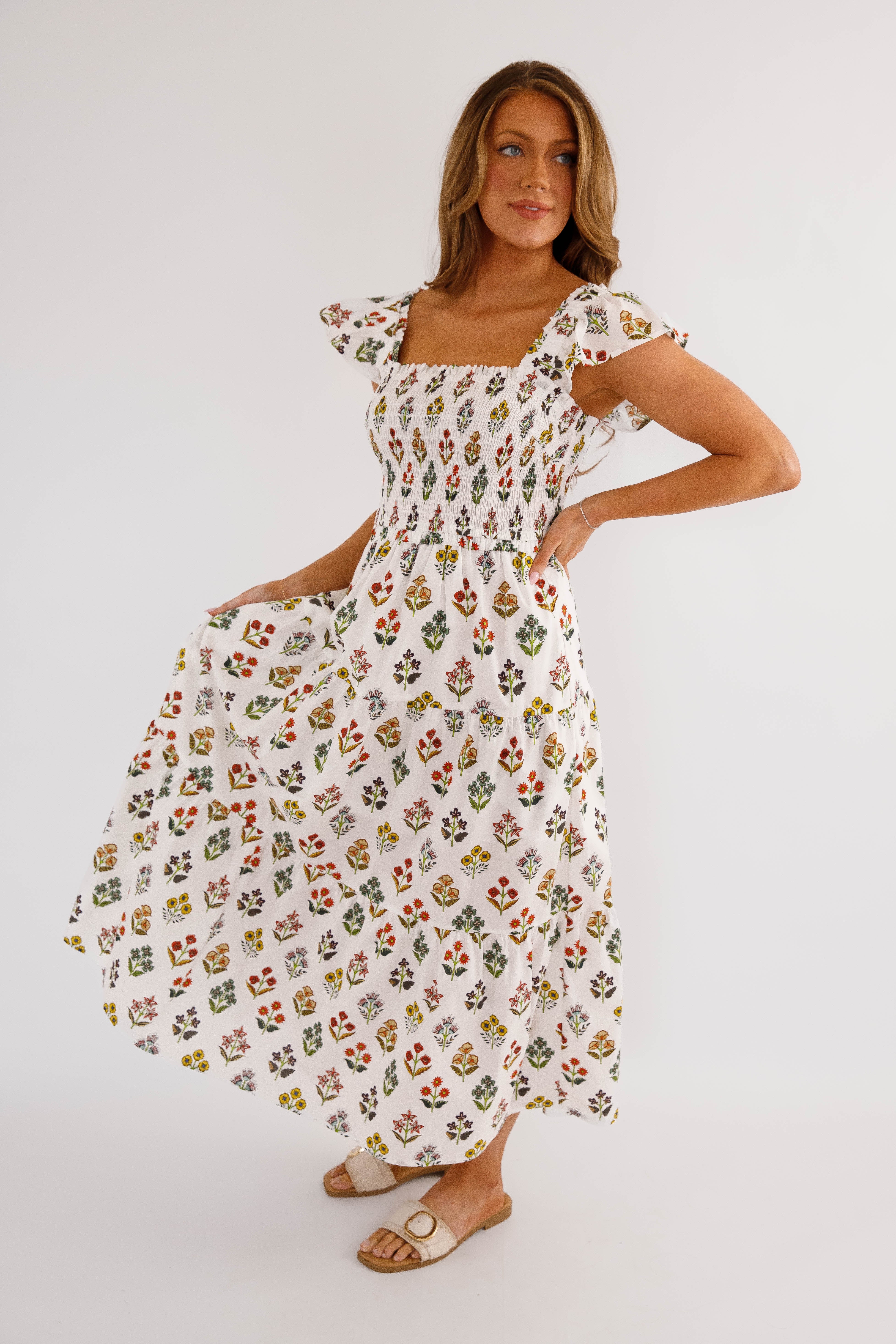 Invited To Bloom Midi Dress-White